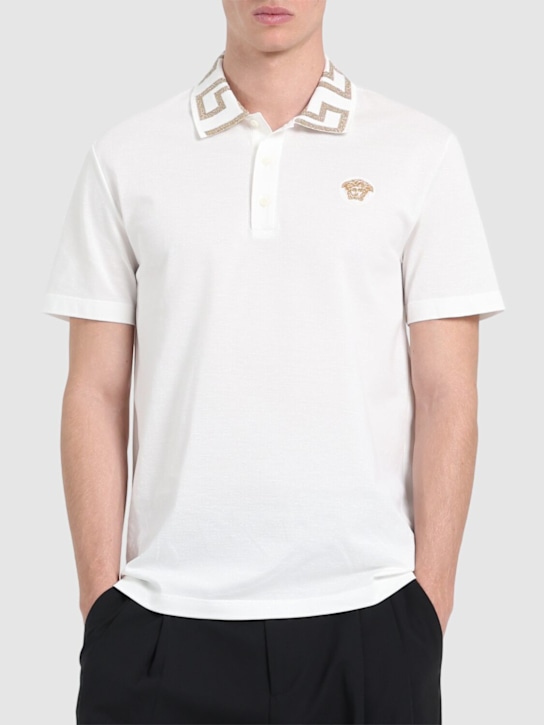 Versace: Greca lurex cotton piquet polo - White/Gold - men_2 | Luisa Via Roma