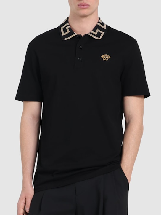 Versace: Greca lurex cotton piquet polo - Black/Gold - men_2 | Luisa Via Roma