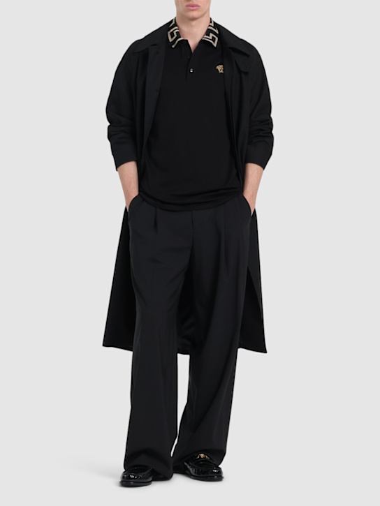 Versace: Greca lurex cotton piquet polo - Black/Gold - men_1 | Luisa Via Roma