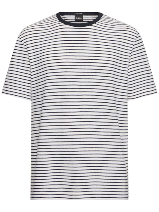 Boss: Taut striped cotton & linen t-shirt - Dark Blue - men_0 | Luisa Via Roma