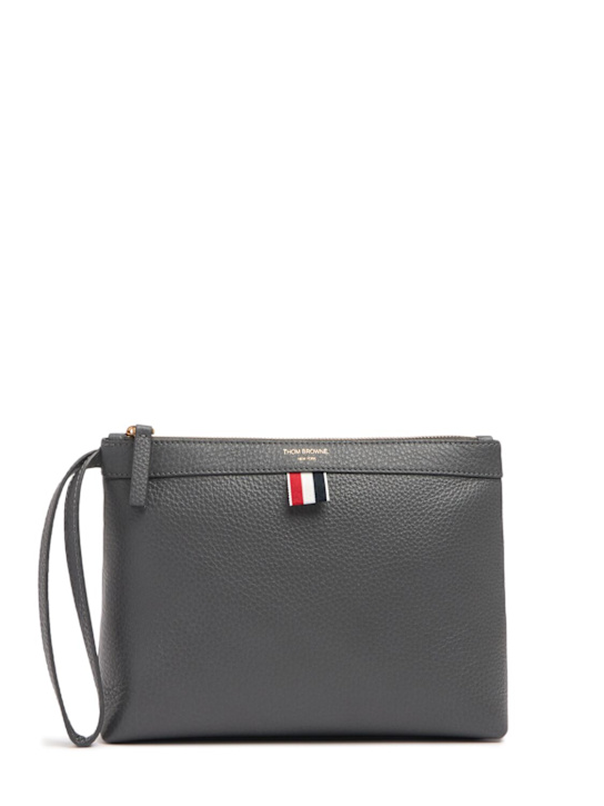 Thom Browne: Soft grained leather toiletry bag - Dark Grey - men_0 | Luisa Via Roma