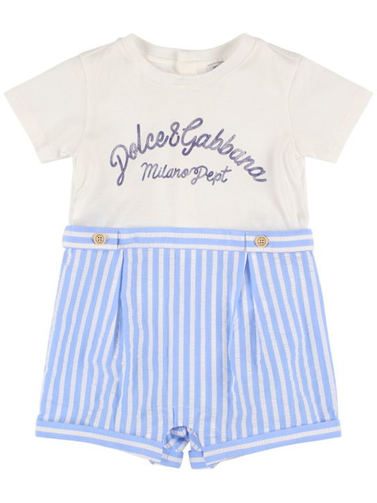 Dolce&Gabbana: Tutina in cotone stampato - Bianco/Blu - kids-boys_0 | Luisa Via Roma