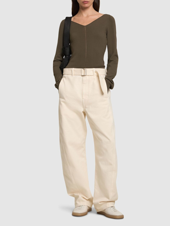 Lemaire: Viscose crepe wide v-neck top - Khaki - women_1 | Luisa Via Roma