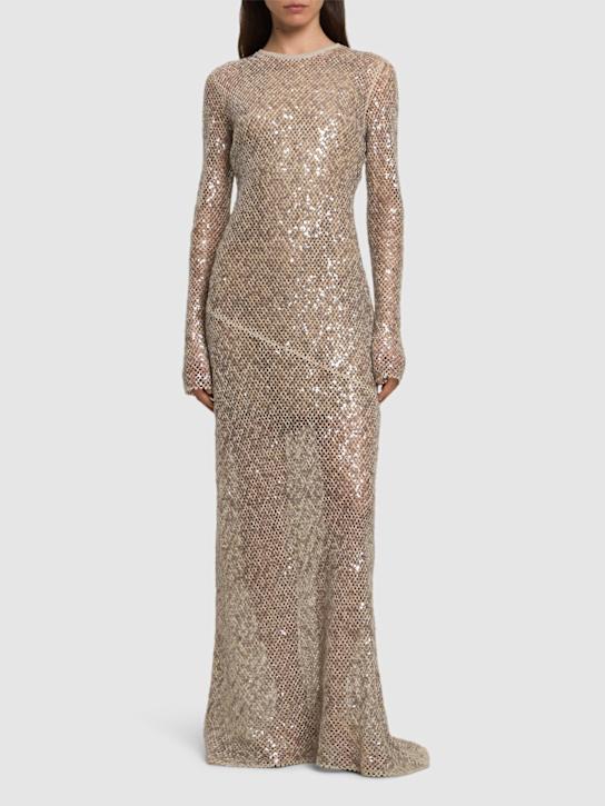 Brunello Cucinelli: Sequined open back long dress - Beige - women_1 | Luisa Via Roma