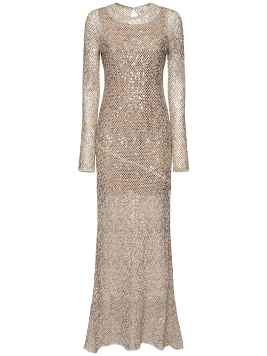 Brunello Cucinelli: Sequined open back long dress - Beige - women_0 | Luisa Via Roma