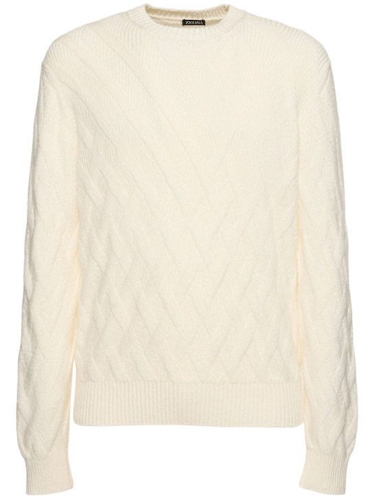 Zegna: Geometric design cotton crewneck sweater - White - men_0 | Luisa Via Roma