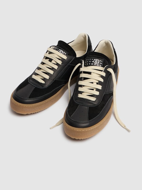 MM6 Maison Margiela: Logo print leather lace-up sneakers - Black - kids-boys_1 | Luisa Via Roma