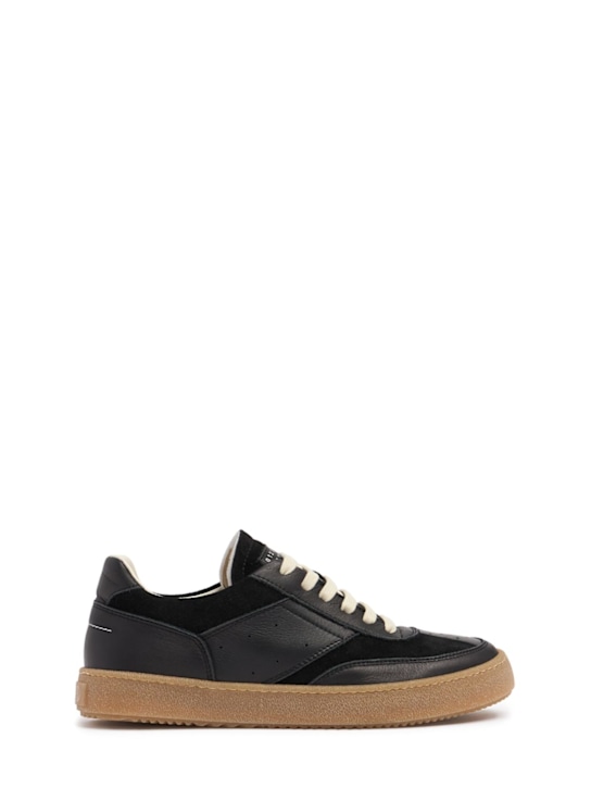 MM6 Maison Margiela: Logo print leather lace-up sneakers - Black - kids-boys_0 | Luisa Via Roma