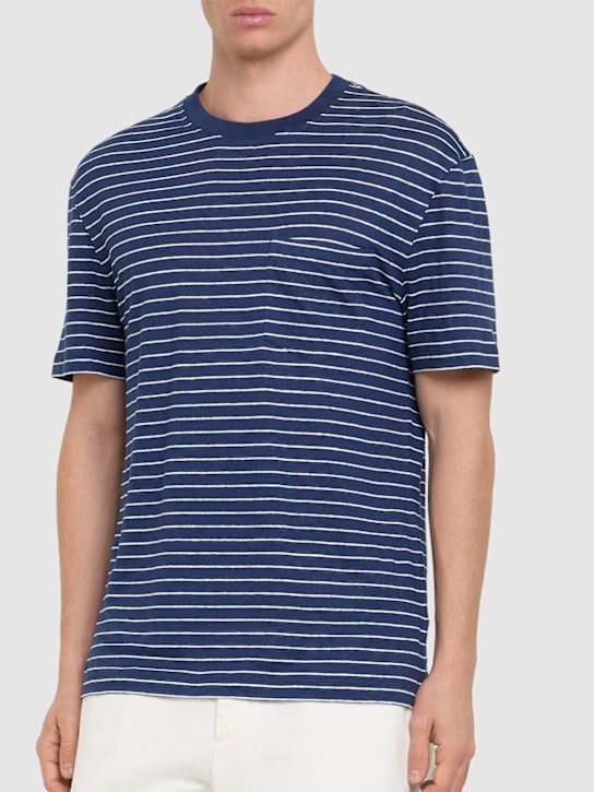 Brunello Cucinelli: Striped linen t-shirt - Blue - men_2 | Luisa Via Roma
