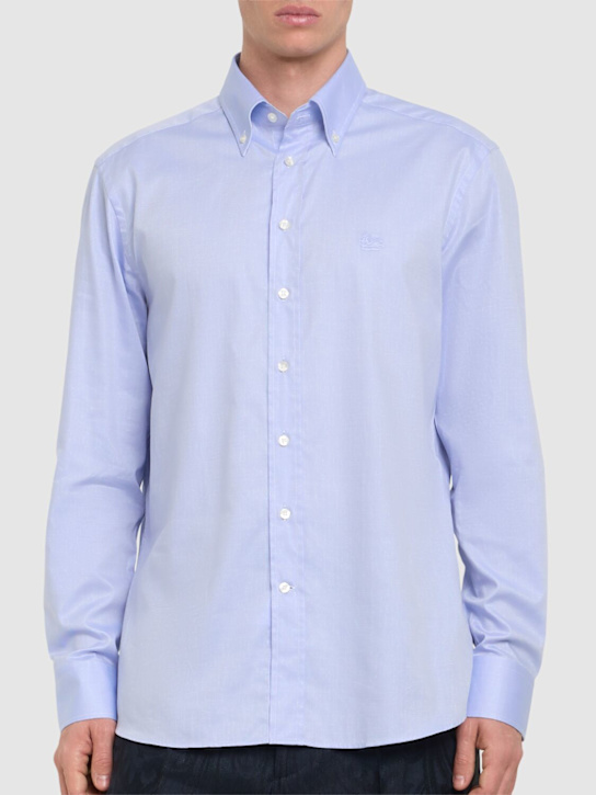 Etro: Logo cotton button down shirt - Sky Blue - men_3 | Luisa Via Roma