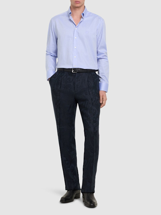 Etro: Logo cotton button down shirt - Sky Blue - men_2 | Luisa Via Roma