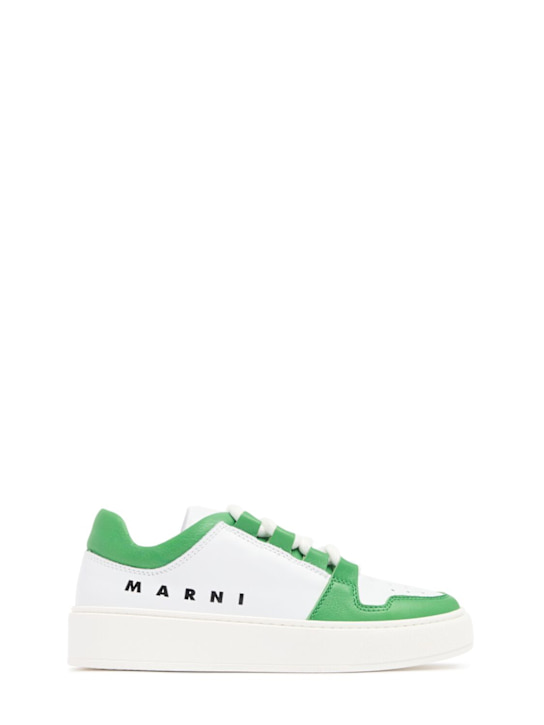 Marni Junior: Logo print leather sneakers - White/Green - kids-boys_0 | Luisa Via Roma