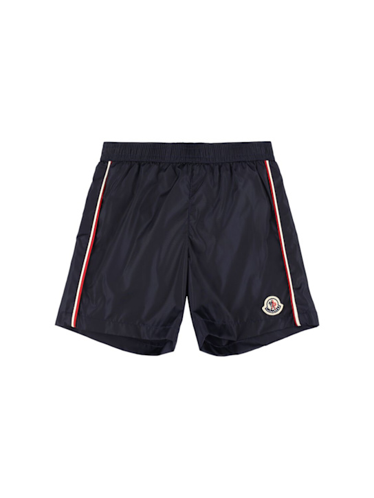 Moncler: Shorts de nylon tricolor - Azul - kids-boys_0 | Luisa Via Roma