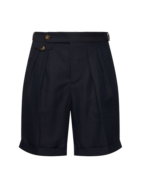 Brunello Cucinelli: Shorts in cotone e lino con pinces - Navy - men_0 | Luisa Via Roma
