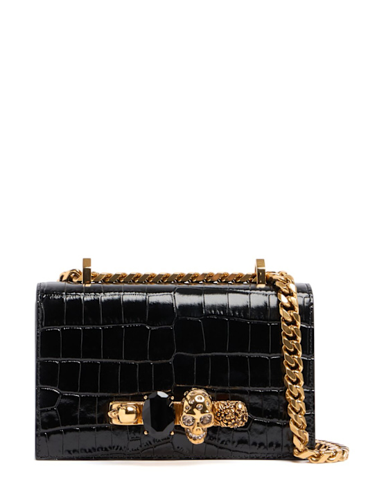 McQueen: Mini Jeweled croc embossed shoulder bag - Black - women_0 | Luisa Via Roma