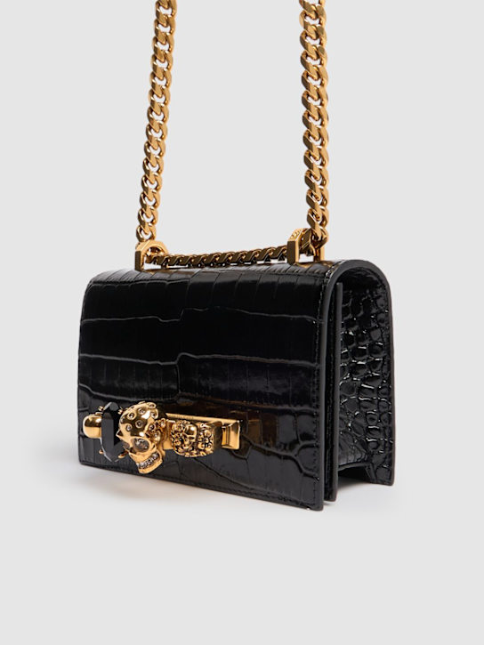 McQueen: Mini Jeweled croc embossed shoulder bag - Black - women_1 | Luisa Via Roma