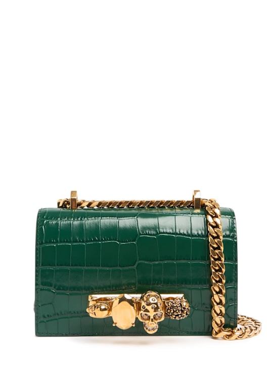 McQueen: Mini Jeweled croc embossed shoulder bag - Emerald - women_0 | Luisa Via Roma