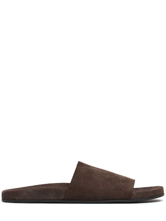 The Row: Hugh leather flat slides - Lacquer Brown - women_0 | Luisa Via Roma