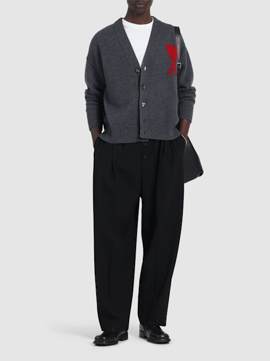 AMI Paris: Logo wool knit cardigan - Heather Grey - men_1 | Luisa Via Roma