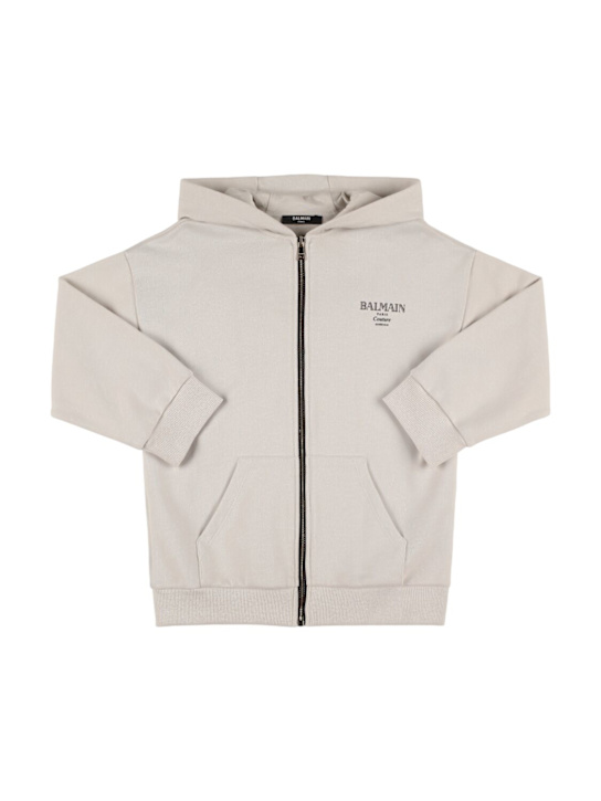 Balmain: Zipped cotton sweatshirt w/logo - ベージュ - kids-boys_0 | Luisa Via Roma