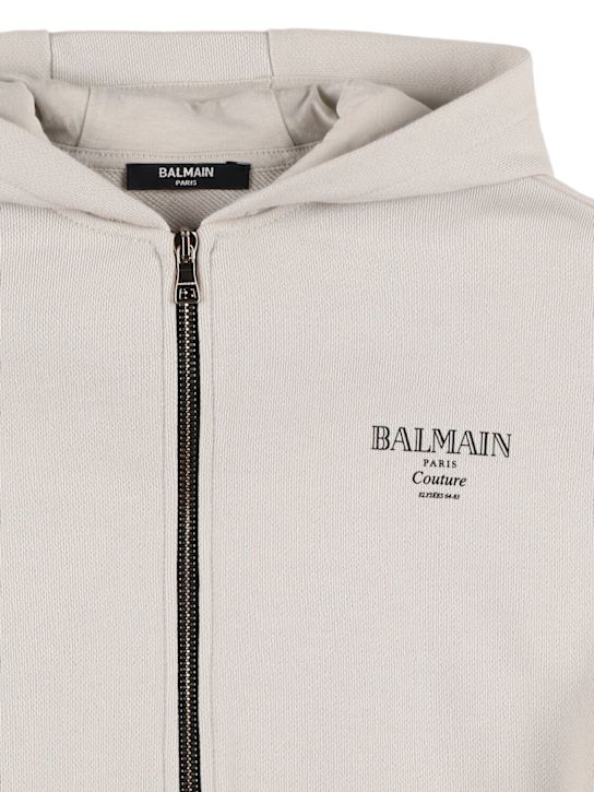 Balmain: Zipped cotton sweatshirt w/logo - ベージュ - kids-boys_1 | Luisa Via Roma