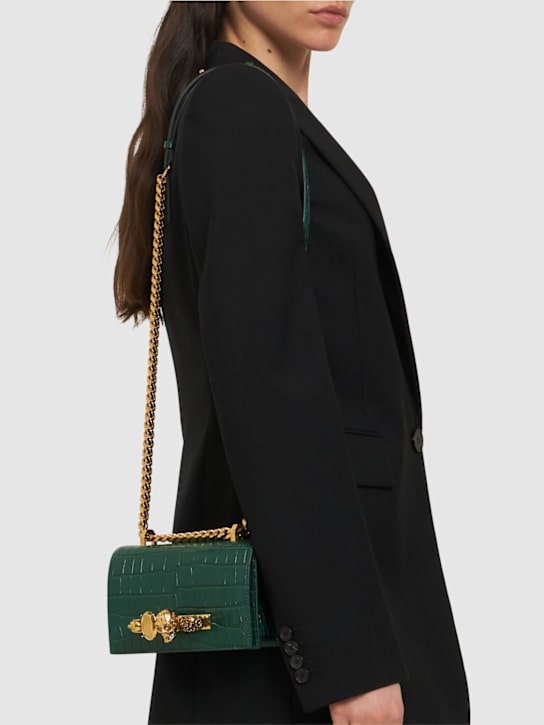McQueen: Mini Jeweled croc embossed shoulder bag - Emerald - women_1 | Luisa Via Roma