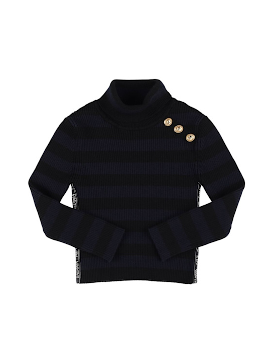 Balmain: Rollkragentop aus Baumwolle und Wolle mit Gürtel - Blau /Schwarz - kids-girls_0 | Luisa Via Roma