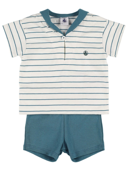 Petit Bateau: Sailor cotton jersey top & shorts - White/Light Blue - kids-boys_0 | Luisa Via Roma