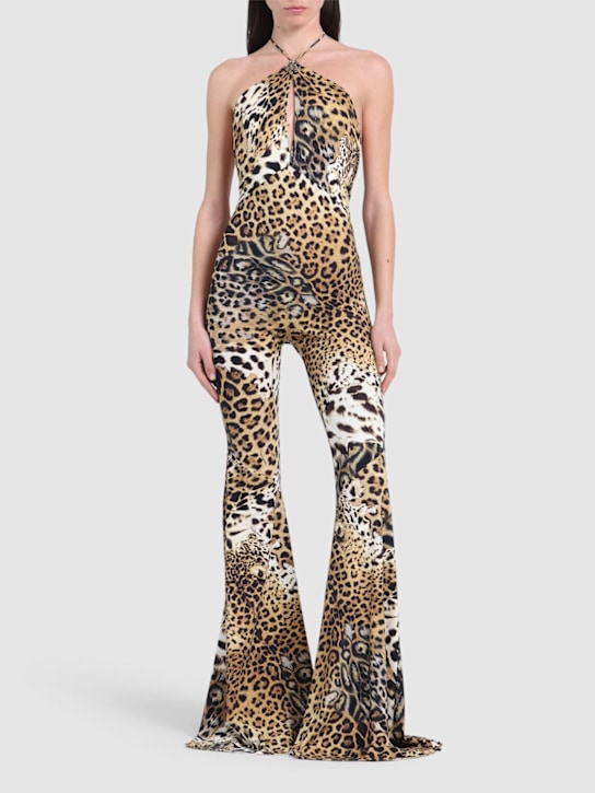 Roberto Cavalli: Printed Lycra halterneck flared jumpsuit - Multicolor - women_1 | Luisa Via Roma