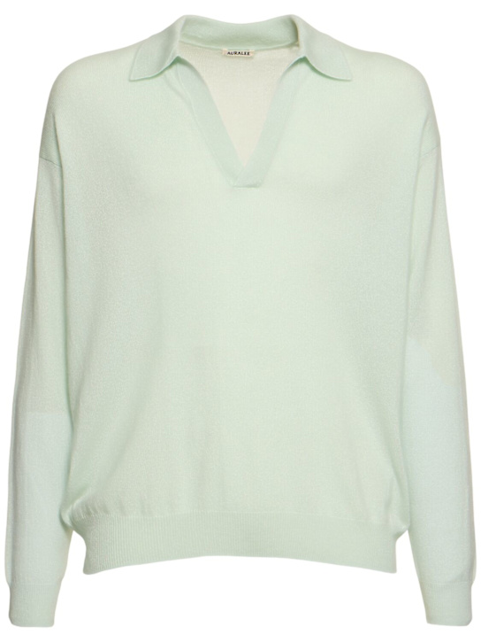 Auralee: Fine cashmere & silk knit skipper polo - White Green - men_0 | Luisa Via Roma