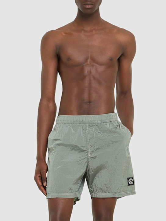 Stone Island: Logo patch shorts - Sage - men_1 | Luisa Via Roma