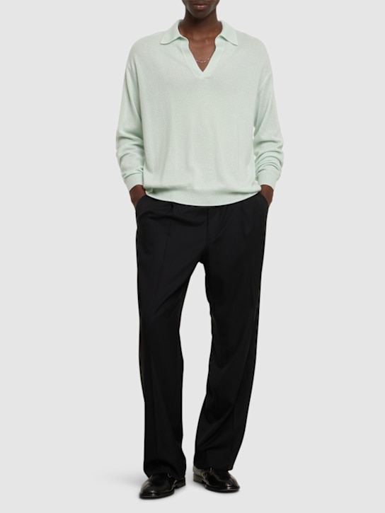 Auralee: Fine cashmere & silk knit skipper polo - White Green - men_1 | Luisa Via Roma