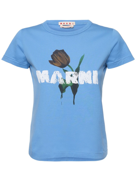 Marni: Jersey logo short sleeved t-shirt - Blue - women_0 | Luisa Via Roma