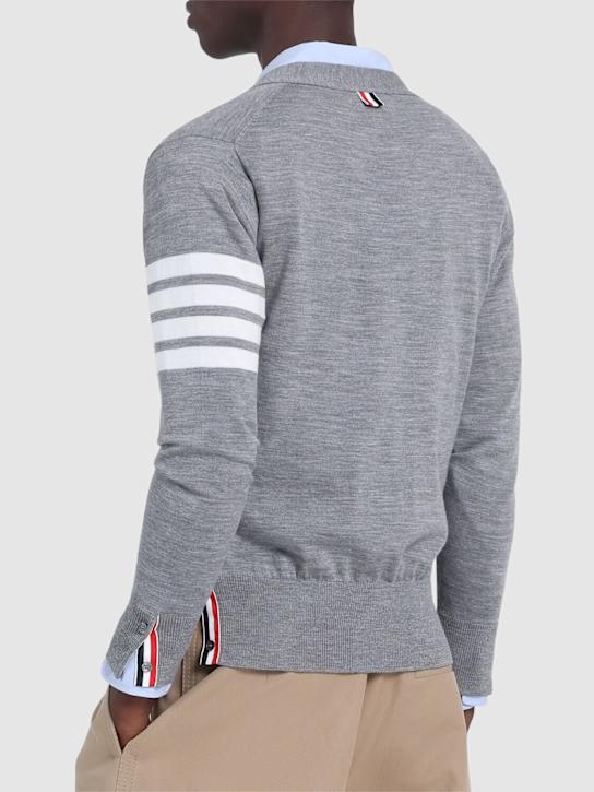 Thom Browne: 4-Bar Wool fine knit cardigan - Grey - men_2 | Luisa Via Roma