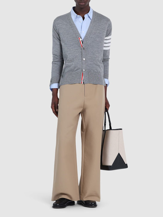 Thom Browne: 4-Bar Wool fine knit cardigan - Grey - men_1 | Luisa Via Roma