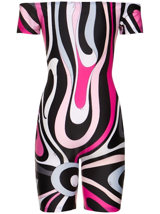 Pucci: 印花莱卡露肩迷你连身裤 - 黑色/桃红色 - women_3 | Luisa Via Roma
