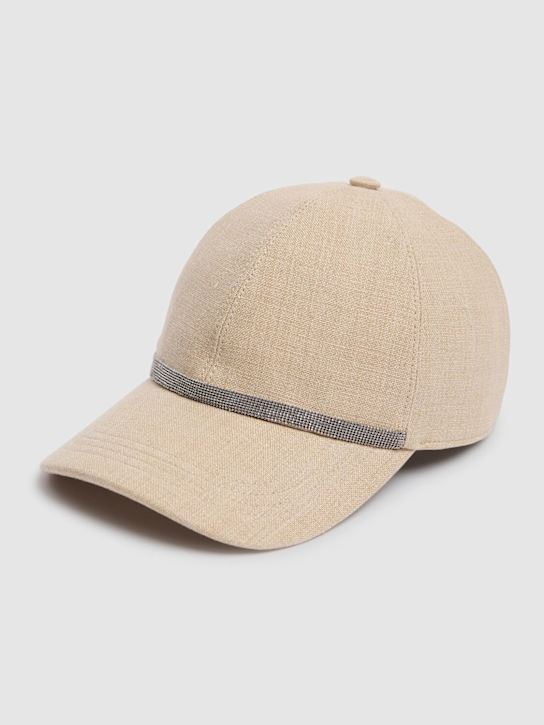 Brunello Cucinelli: Embellished linen baseball cap - Melange - women_1 | Luisa Via Roma