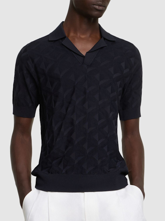 Dolce&Gabbana: Monogram knit silk short sleeve polo - Dark Blue - men_2 | Luisa Via Roma