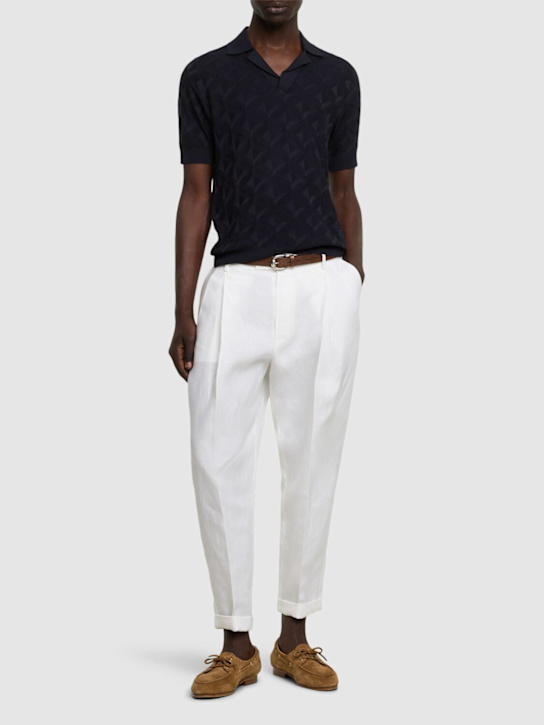Dolce&Gabbana: Monogram knit silk short sleeve polo - Dark Blue - men_1 | Luisa Via Roma