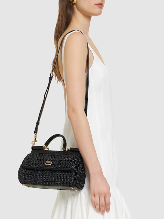 Dolce&Gabbana: Sicily中号加长藤编包 - 黑色 - women_2 | Luisa Via Roma