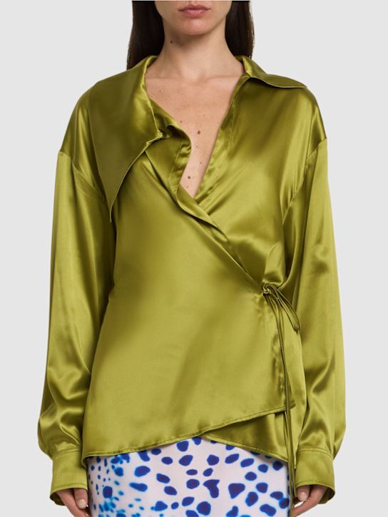 Dries Van Noten: Cedo stretch silk satin wrapped shirt - Green - women_2 | Luisa Via Roma