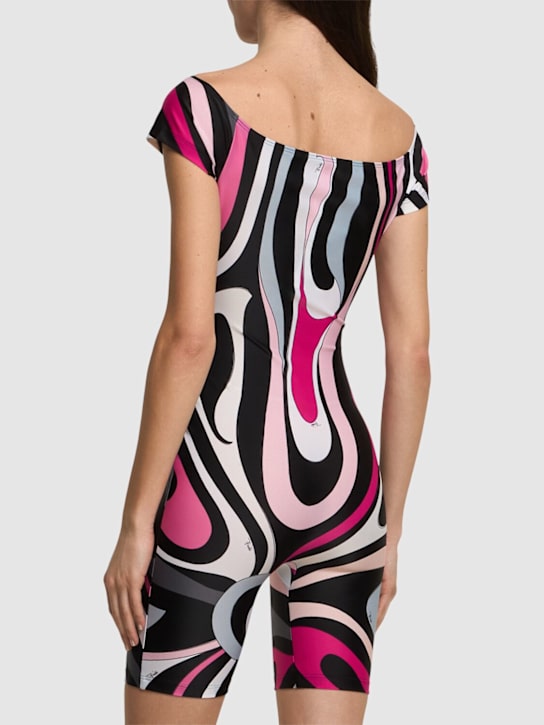 Pucci: 印花莱卡露肩迷你连身裤 - 黑色/桃红色 - women_2 | Luisa Via Roma