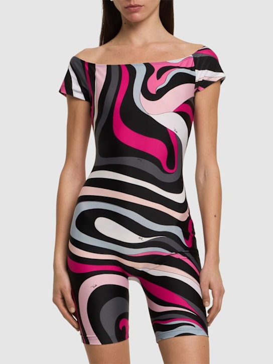 Pucci: 印花莱卡露肩迷你连身裤 - 黑色/桃红色 - women_1 | Luisa Via Roma