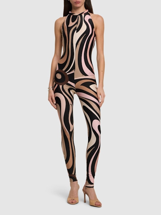 Pucci: 印花莱卡长款连身裤 - 黑色/裸色 - women_1 | Luisa Via Roma
