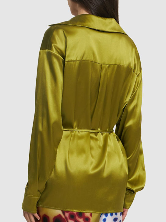 Dries Van Noten: Cedo stretch silk satin wrapped shirt - Green - women_3 | Luisa Via Roma