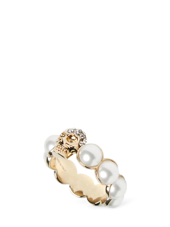 McQueen: Skull & pearl brass ring - White/Gold - women_0 | Luisa Via Roma