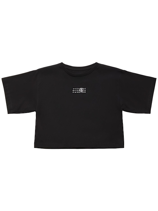 MM6 Maison Margiela: Printed cotton jersey cropped t-shirt - ブラック - kids-girls_0 | Luisa Via Roma