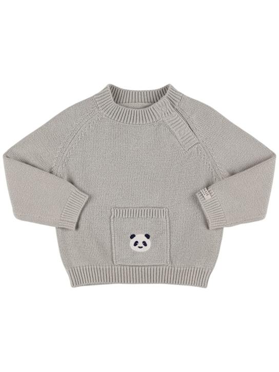 Donsje: Panda embroidered cotton knit sweater - Grey - kids-boys_0 | Luisa Via Roma