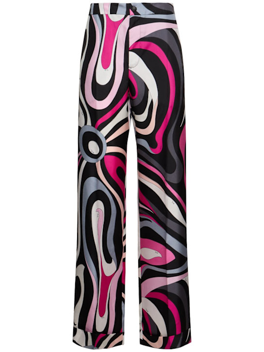 Pucci: 印花真丝斜纹阔腿裤 - 黑色/桃红色 - women_0 | Luisa Via Roma