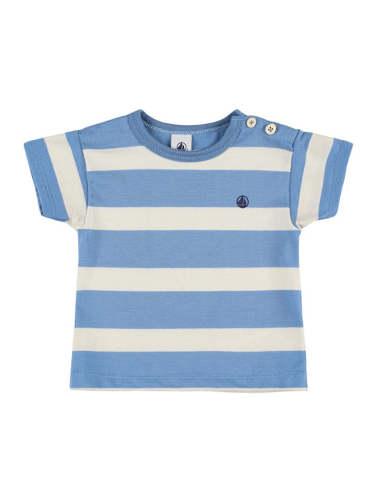 Petit Bateau: Camiseta de jersey de algodón a rayas - Blanco/Azul Claro - kids-boys_0 | Luisa Via Roma
